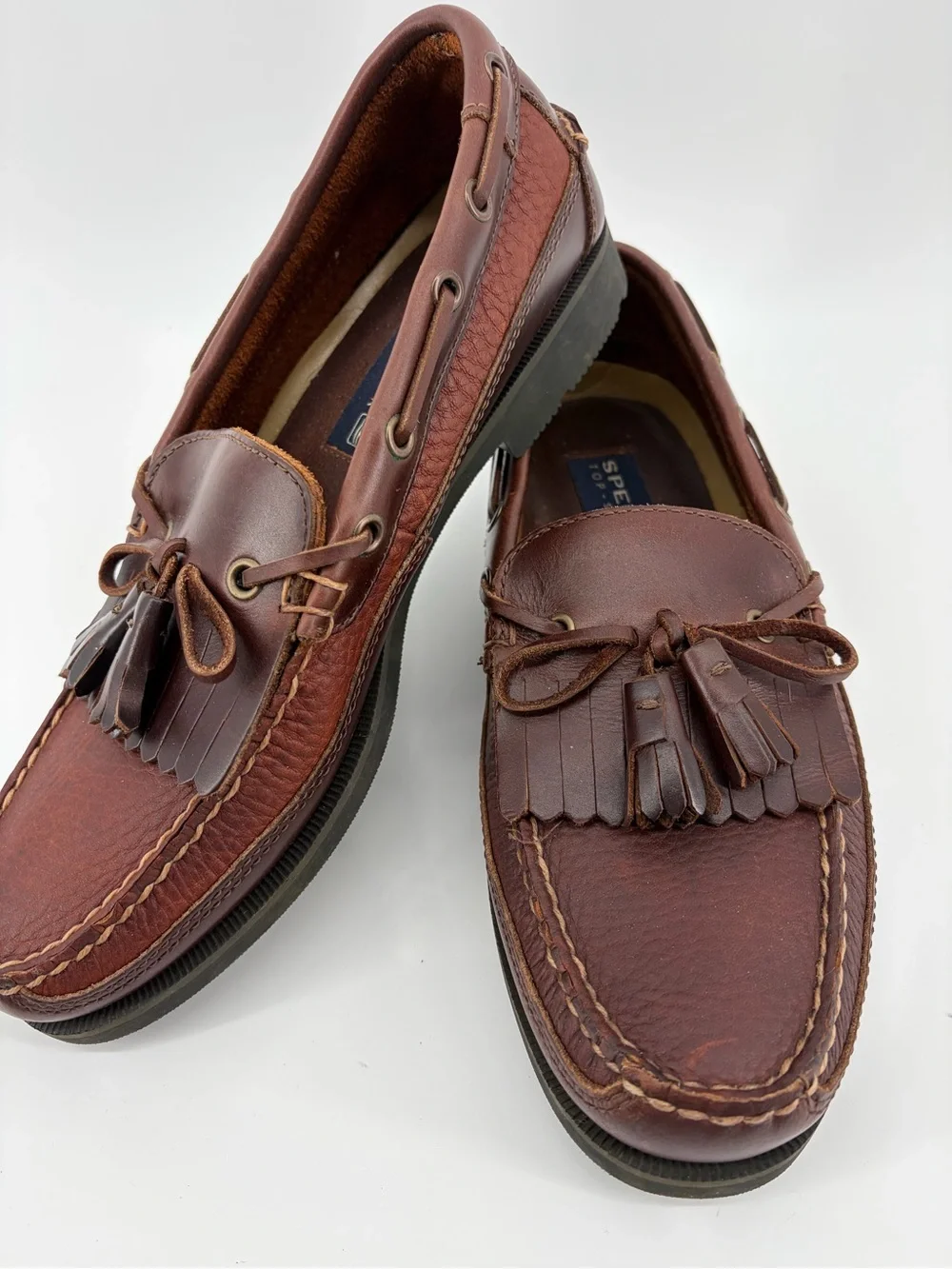 Sperry Top Siders Leather Brown Loafers Tassels Slip On Boat Shoes, Men Size 9.5